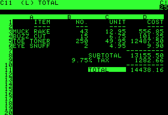 VisiCalc running on an early personal computer, the first electronic spreadsheet.