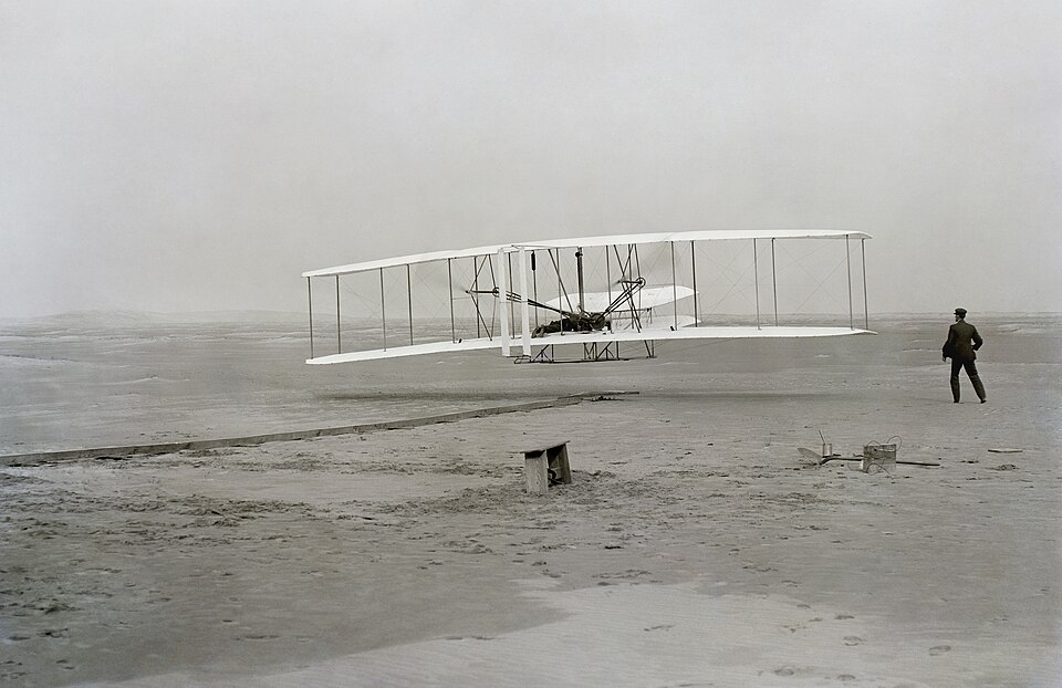 The Wright Flyer during its first powered flight, December 1903