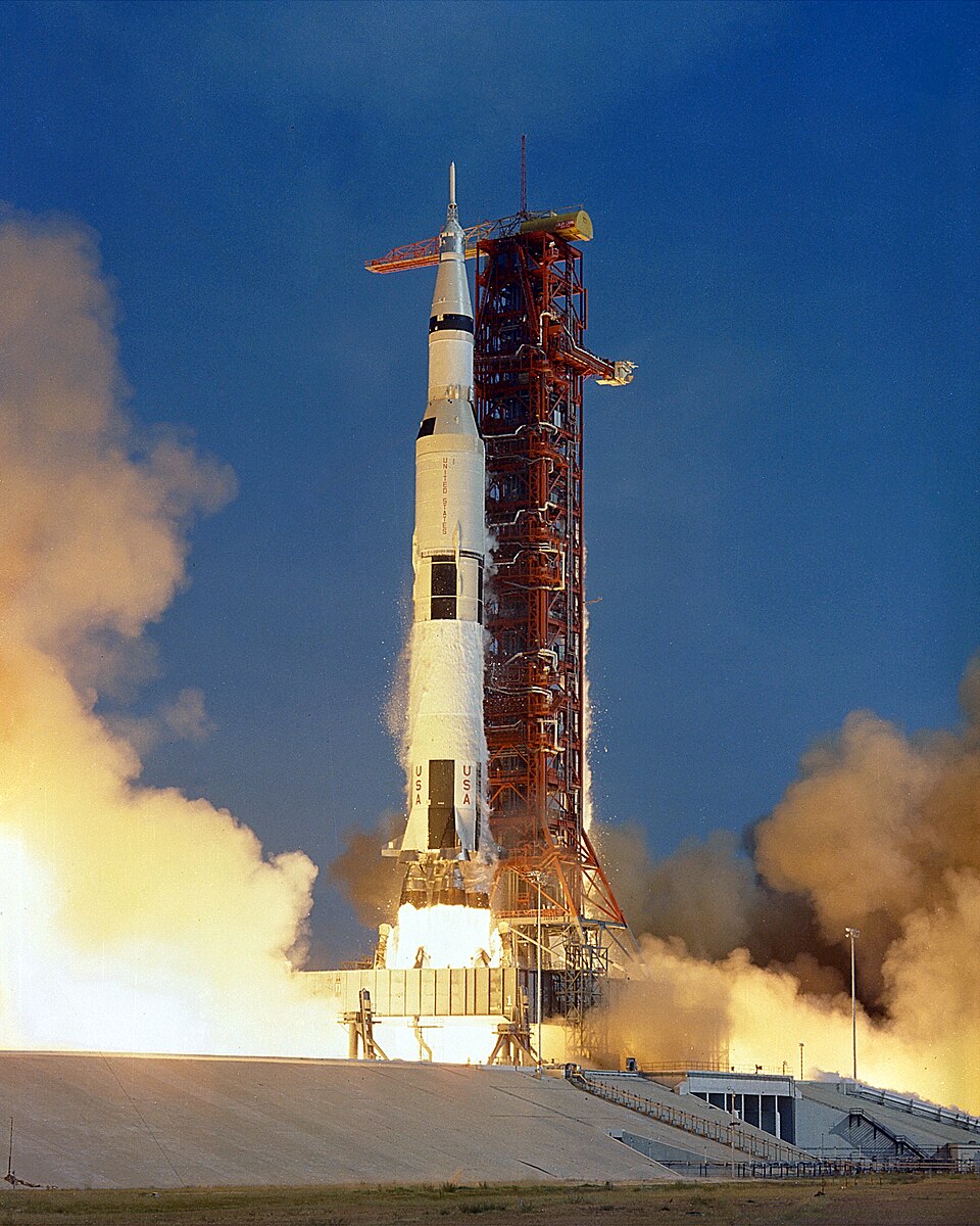 A Saturn V rocket on its launch pad, Apollo program