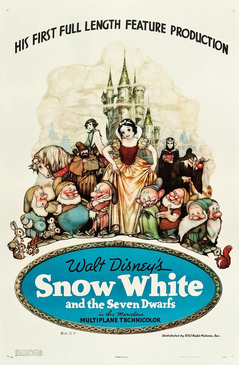 A publicity image from Walt Disney's 1937 feature Snow White and the Seven Dwarfs.