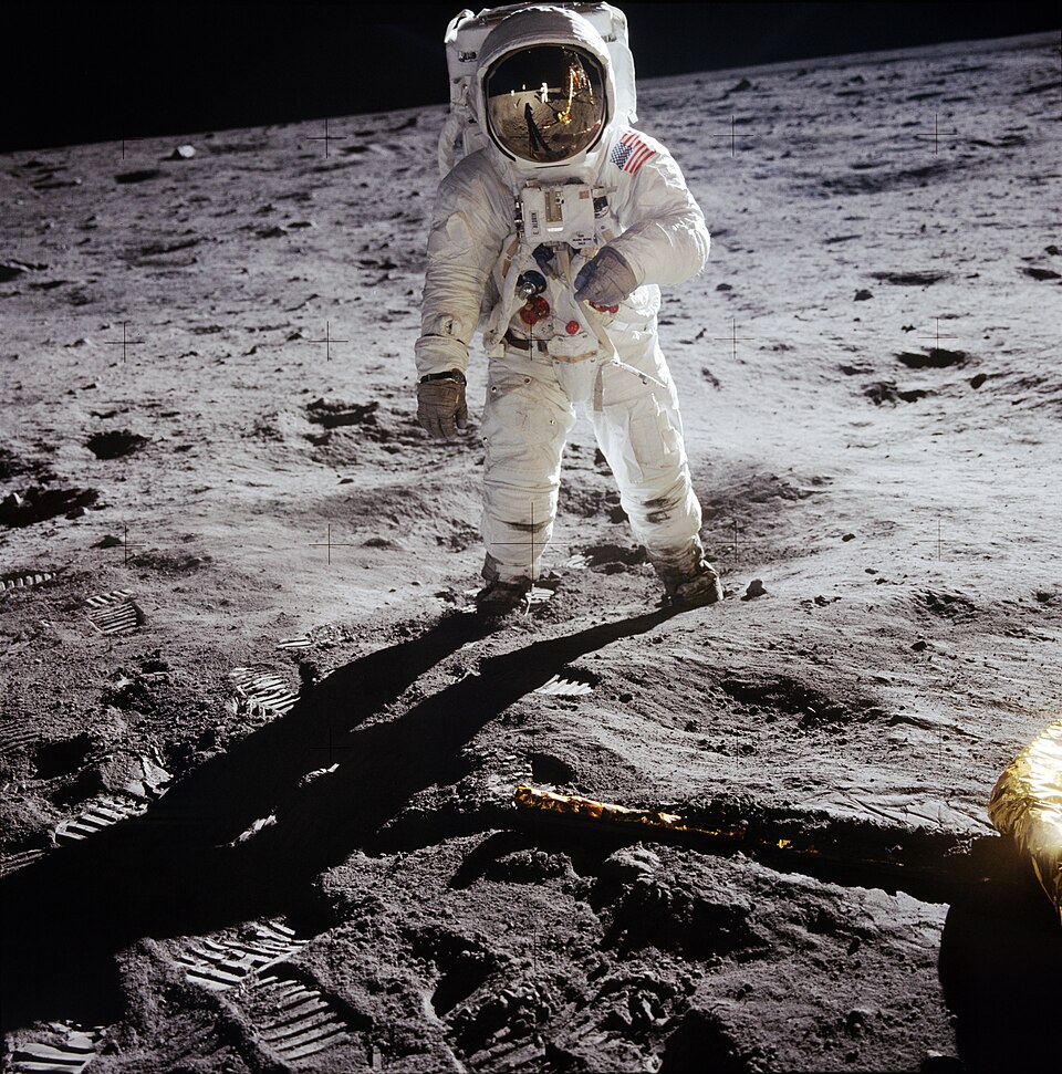 Buzz Aldrin standing on the Moon during Apollo 11, photographed by Neil Armstrong.
