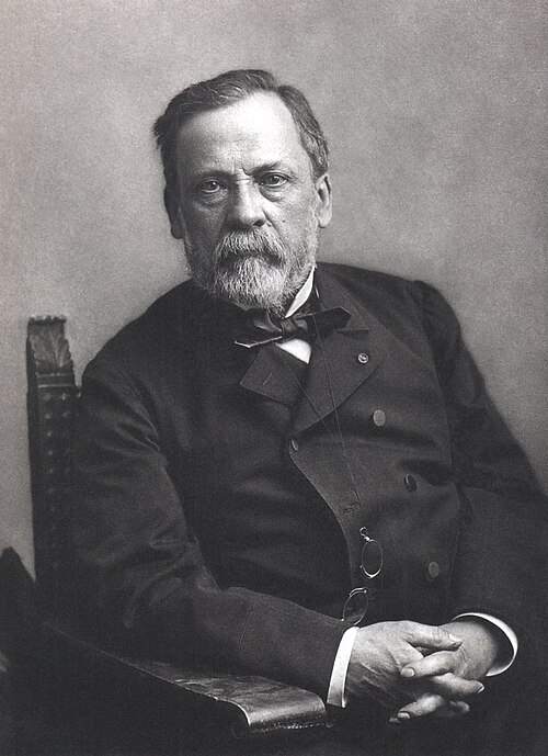A photographic portrait of the French chemist and biologist Louis Pasteur in his laboratory.