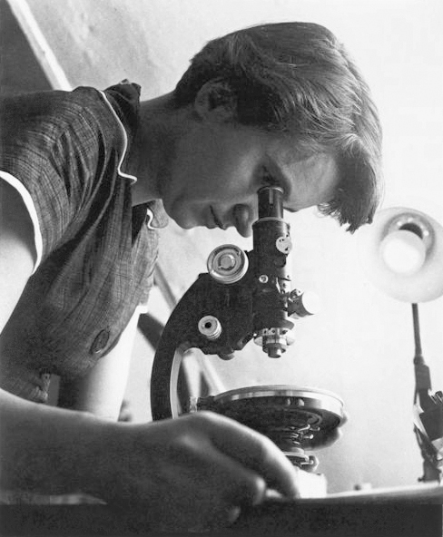 A photographic portrait of X-ray crystallographer Rosalind Franklin.