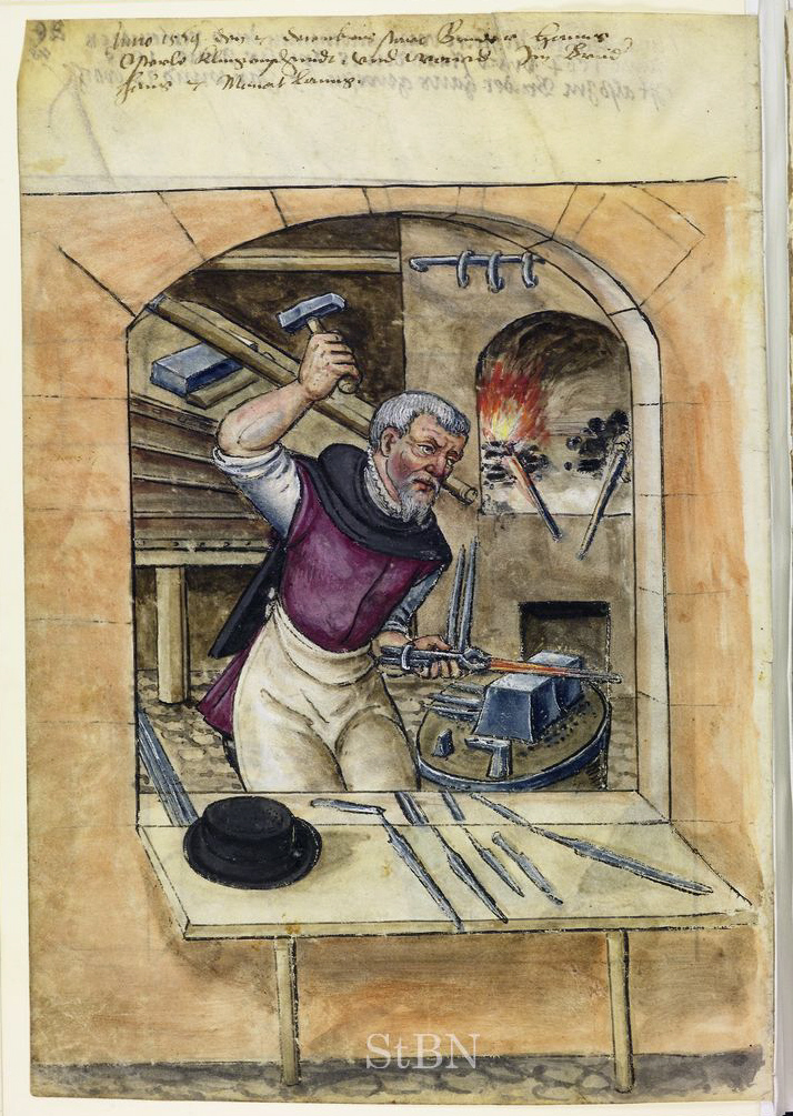 A modern bladesmith forging a blade, emblem of the craft's contemporary revival.