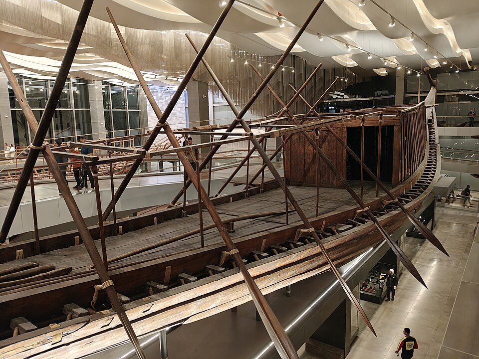 The reconstructed 4,500-year-old cedar ship of King Khufu, found buried beside the Great Pyramid of Giza.