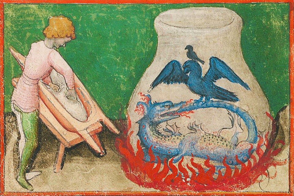 An alchemist's workshop with furnaces, stills and glass vessels in a historical illustration.