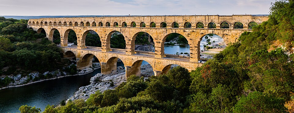 The three-tiered Roman aqueduct bridge of the Pont du Gard in southern France.