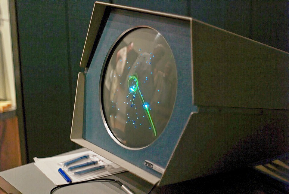 Spacewar! running on a PDP-1 computer, the game behind the first video game tournament.