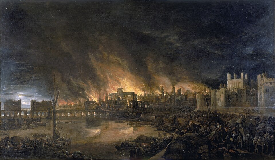 Painting of the Great Fire of London in 1666, which led to fire insurance and insurance brigades.