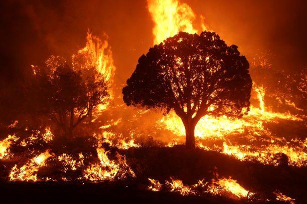 A wildfire burning at night, the fastest-growing front of modern firefighting.