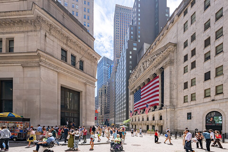 The narrow canyon of Wall Street, heart of the regulated postwar securities industry.