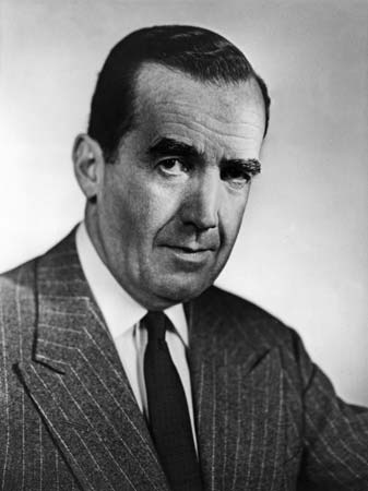 Edward R. Murrow at a CBS microphone, the defining broadcast journalist of the mid-century.