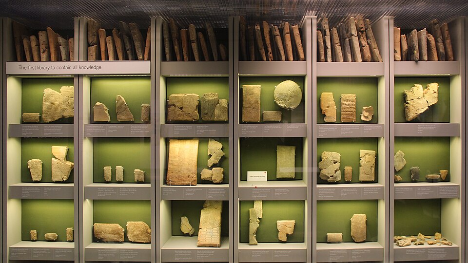 Clay tablets from the Library of Ashurbanipal at Nineveh, displayed in the British Museum.