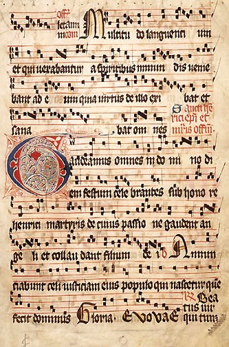 Illuminated medieval manuscript page showing Gregorian chant notation