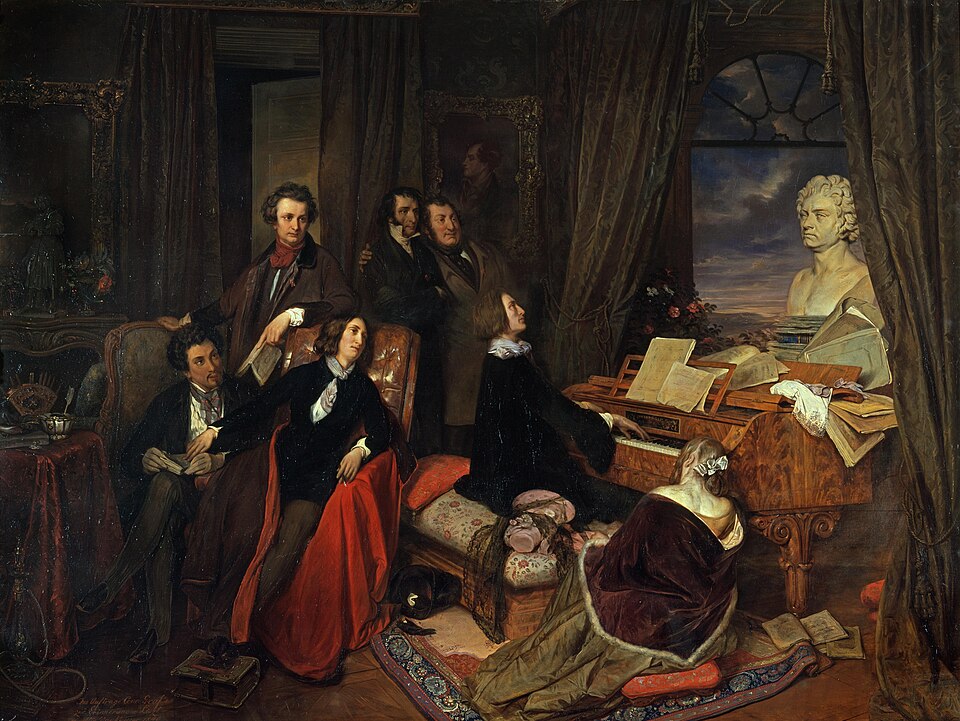 A packed 19th-century concert hall during a Romantic-era recital