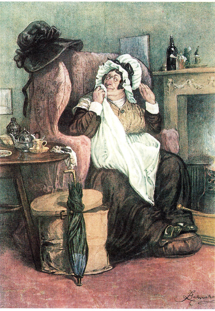 Sairey Gamp, Charles Dickens's caricature of the untrained hired nurse, from Martin Chuzzlewit.