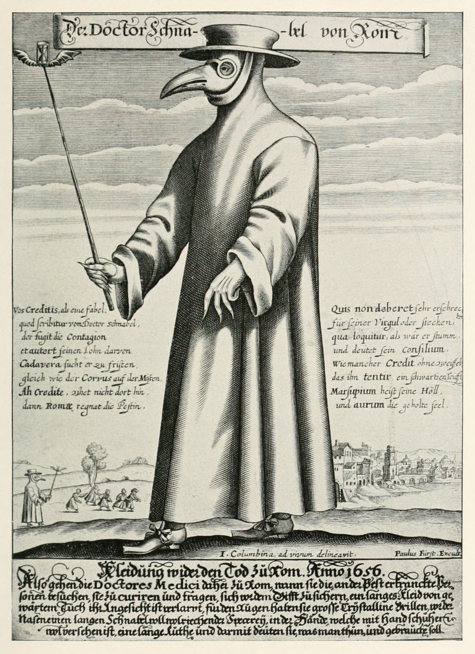 Illustration of a plague doctor wearing a beaked mask and protective robes