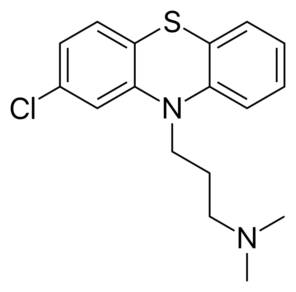Chemical structure diagram of chlorpromazine, the first antipsychotic drug