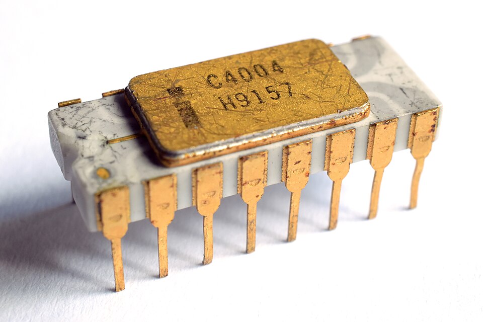Die of the Intel 4004, the first commercial single-chip microprocessor