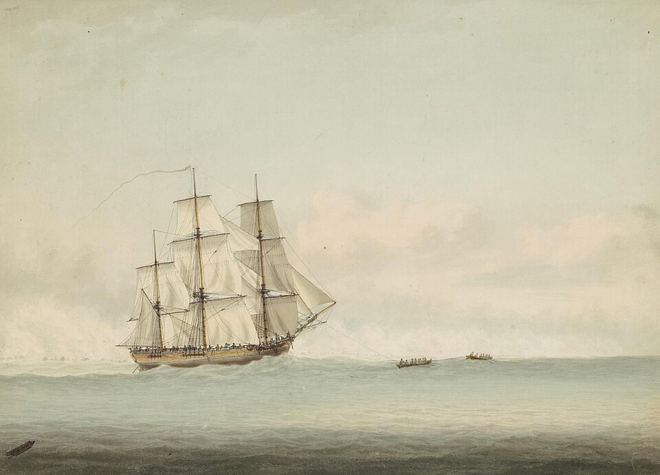 A replica of James Cook's bark HMS Endeavour under sail.