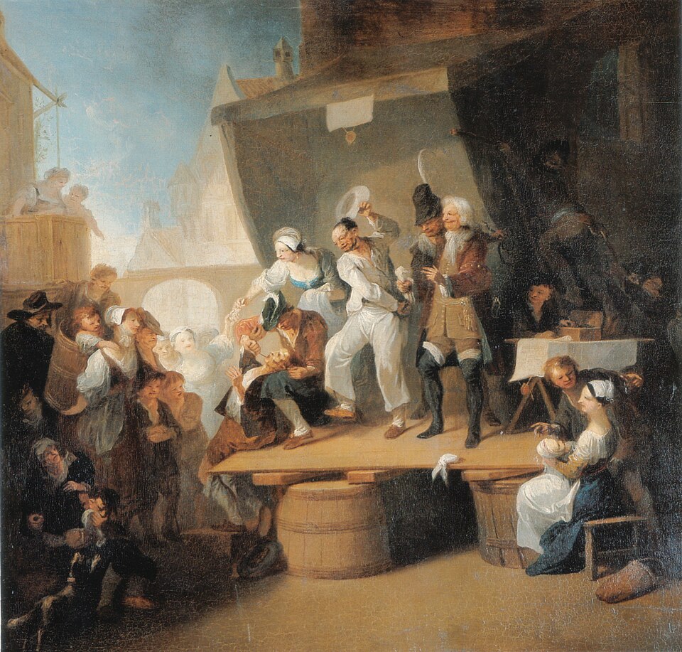 A historical depiction of a barber-surgeon treating a patient.