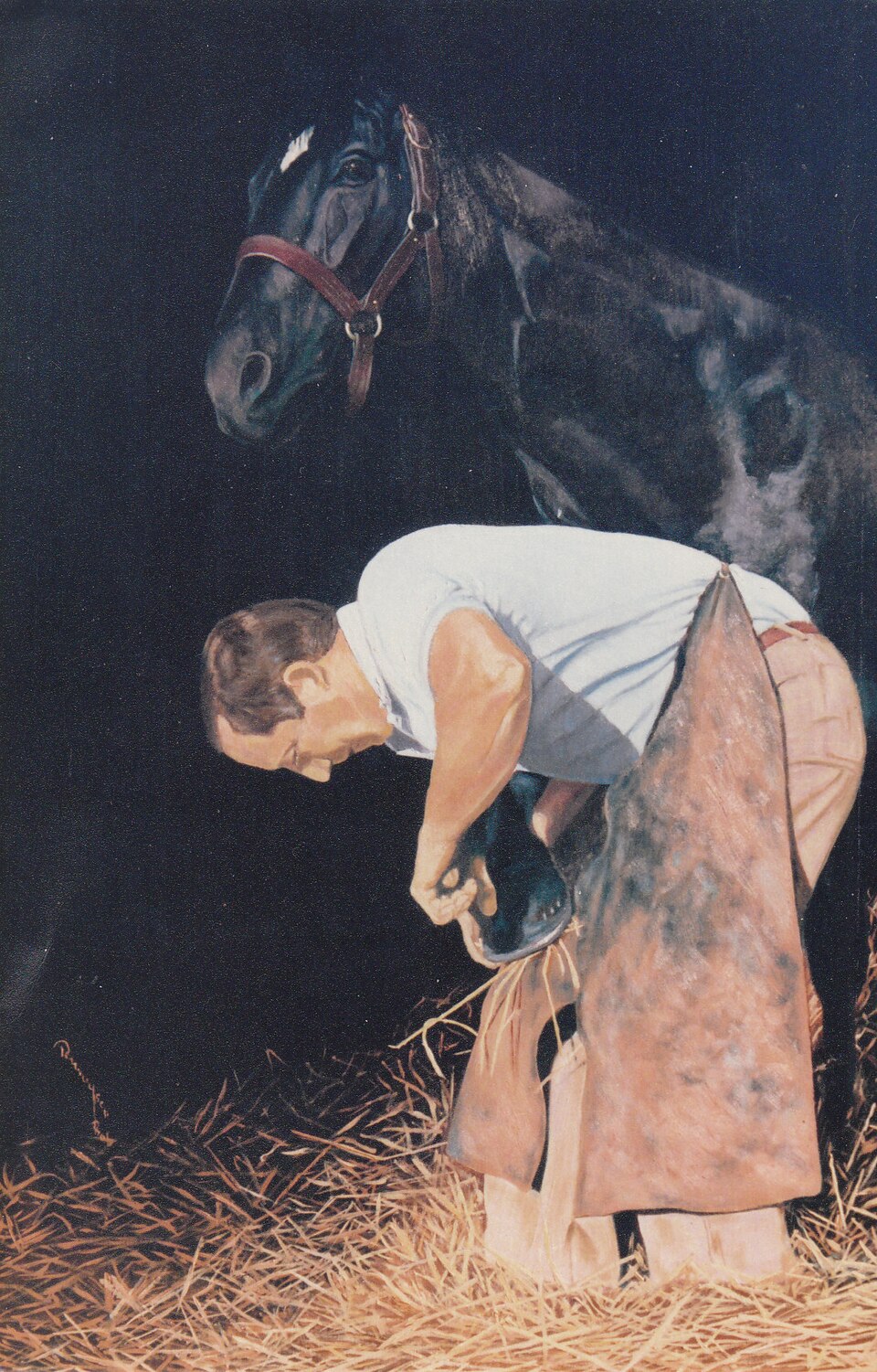 A farrier shoeing a horse's hoof, historically also its doctor